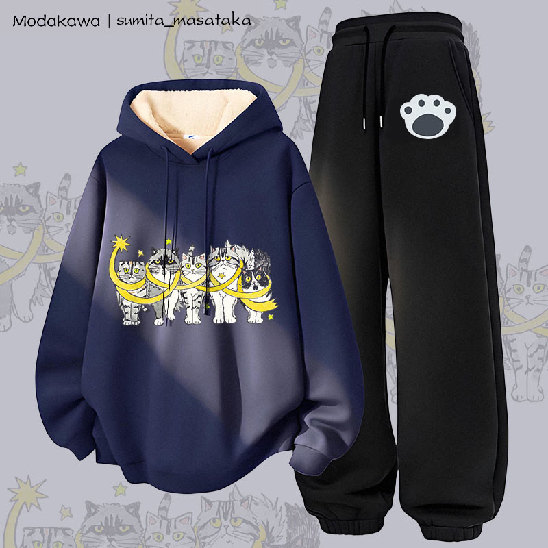 MODAKAWA X sumita_masataka Katzen-in-Sterne-Grafik: Zweiteiliges Set aus dick gefüttertem Hoodie und Hose mit Fleece-Futter - Purplish Blue&Black - 5XL - image 3
