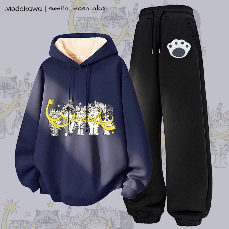 MODAKAWA X sumita_masataka Katzen-in-Sterne-Grafik: Zweiteiliges Set aus dick gefüttertem Hoodie und Hose mit Fleece-Futter - Purplish Blue&Black - 5XL - image 3