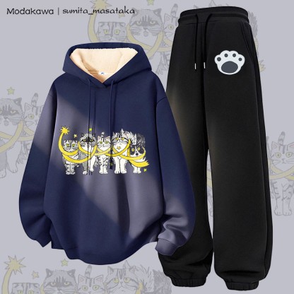 MODAKAWA X sumita_masataka Katzen-in-Sterne-Grafik: Zweiteiliges Set aus dick gefüttertem Hoodie und Hose mit Fleece-Futter - Purplish Blue&Black - 5XL - image 3
