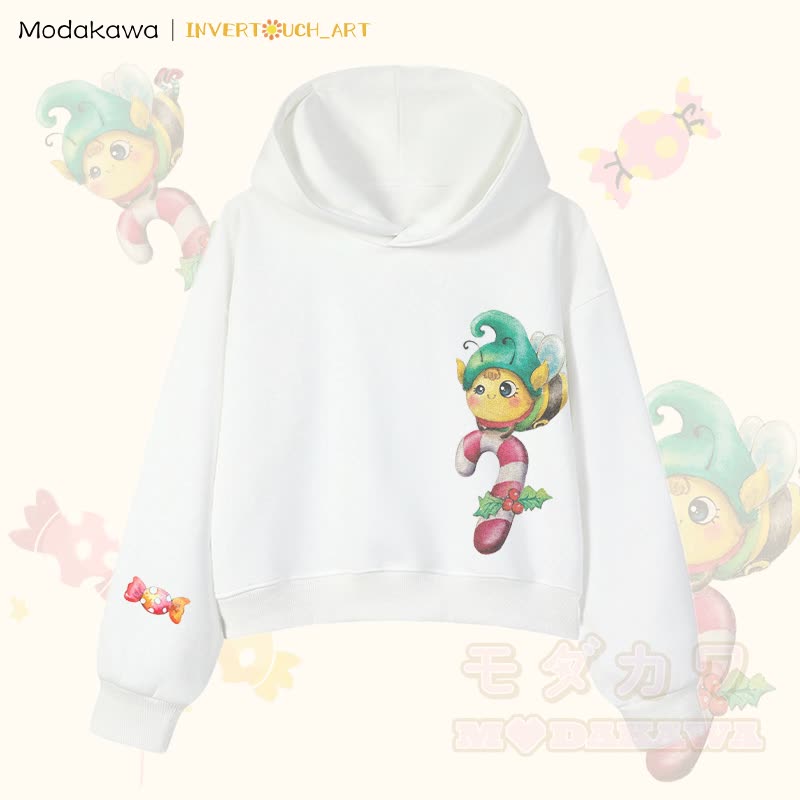 MODAKAWA X INVERTOUCH_ART Niedlicher Weihnachtsbienen-Hoodie Modakawa Cropped Cotton Hoodie - Weiß A - 3XL - image 7