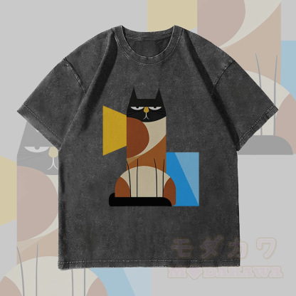 MODAKAWA Unisex-T-Shirt mit geometrischem Katzenmotiv im Vintage-Stil - Schwarz - 4XL - image 4