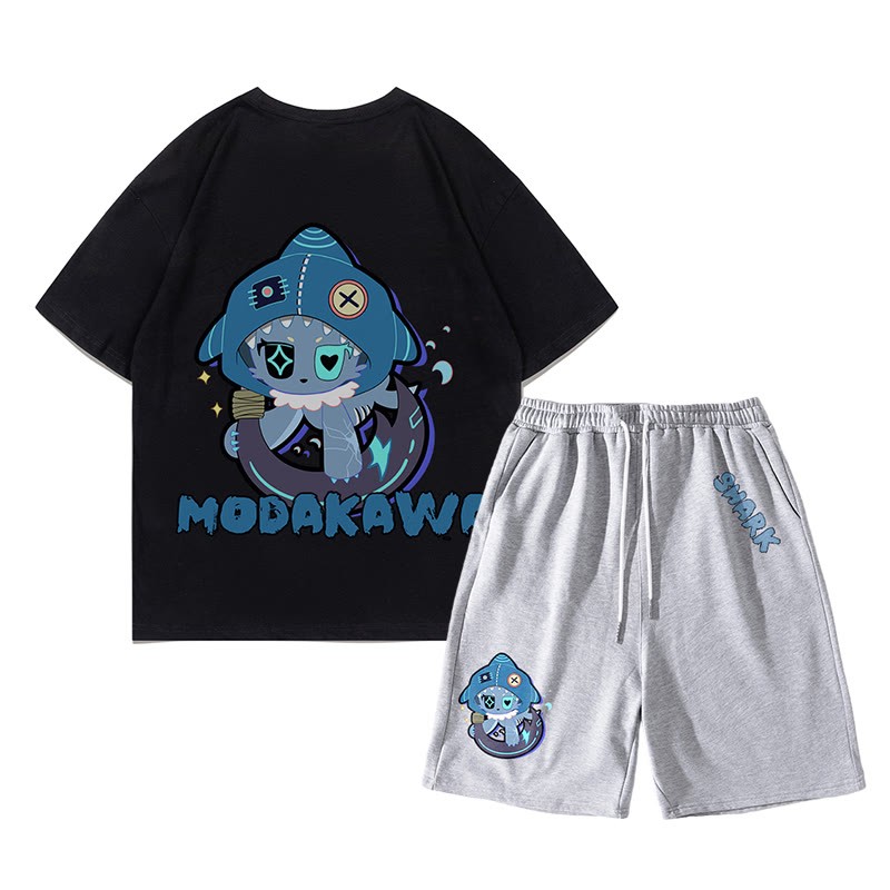 Verspieltes T-Shirt-Shorts-Set mit Hai-Grafik in dunkler Ästhetik, zweiteilig - Schwarz&Grau - C - 5XL - image 18