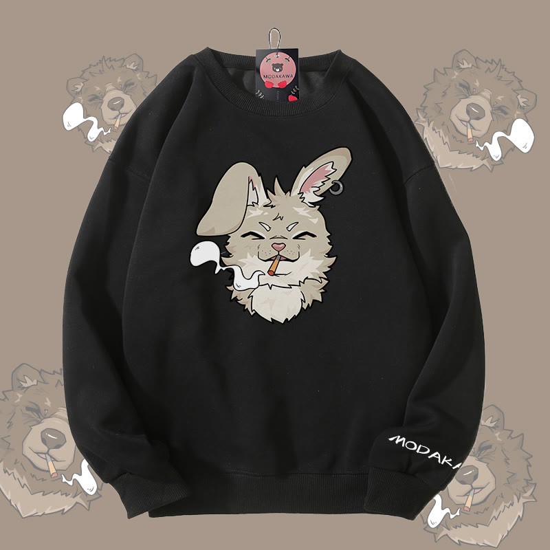 MODAKAWA Smoking Bunny Grafik Unisex Sweatshirt - Black - 5XL - image 4