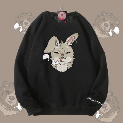MODAKAWA Smoking Bunny Grafik Unisex Sweatshirt - Black - 5XL - image 4