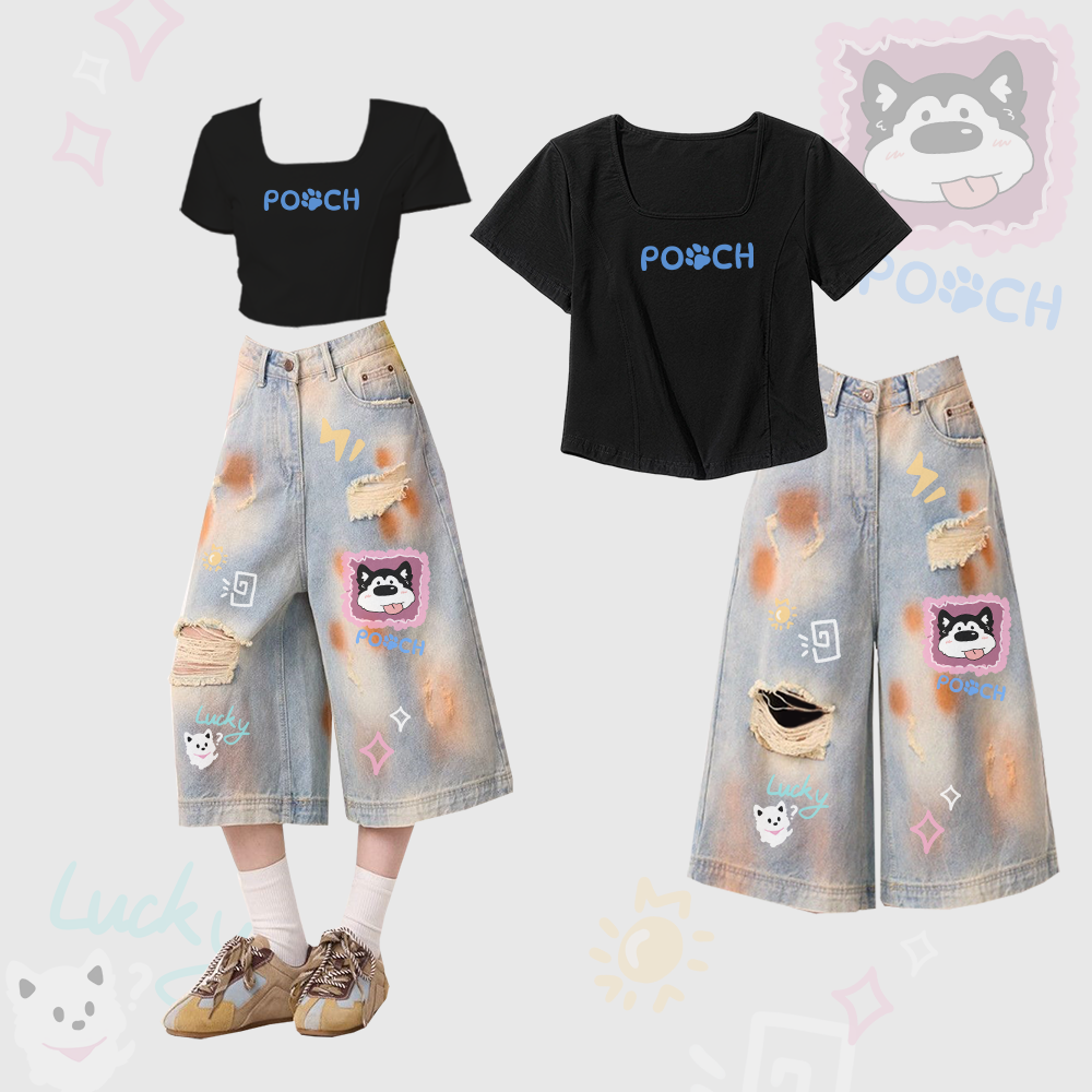POOCH Welpen-Grafik T-Shirt mit eckigem Ausschnitt, zerrissene Cropped-Jeans, Modakawa Zweiteiler-Set - Black & Blue - XL - image 2