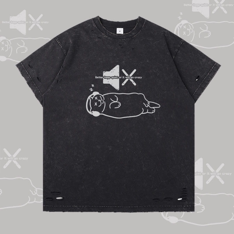 Modakawa T-Shirt mit Schlafkatzen-Grafik und Rissen - Black - 2XL - image 2