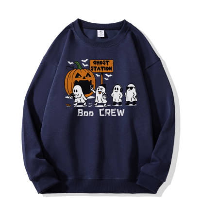 BOO CREW Sweatshirt mit Kürbis- und Geistergrafik und Rundhalsausschnitt - Purplish Blue - 5XL - image 5
