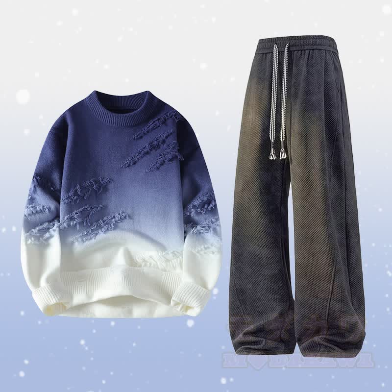 Zweiteiliger Strickpullover mit Farbverlauf und Rissen, dazu eine fleecegefütterte Hose - Satz D - 4XL - image 4