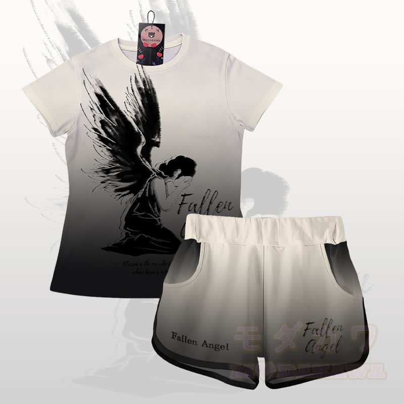 FALLEN ANGEL Grafik-Farbverlauf T-Shirt Shorts Modakawa passendes Outfit - Satz C - 5XL - image 3