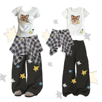 MODAKAWA X atka Fox Star Graphic U-Neck T-Shirt und karierter Rock, Cargohose, zweiteiliges Set - Black - XL - image 2