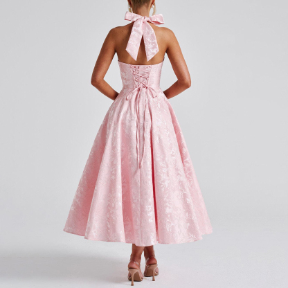 Jacquardkleid mit V-Ausschnitt und Neckholder - image 4