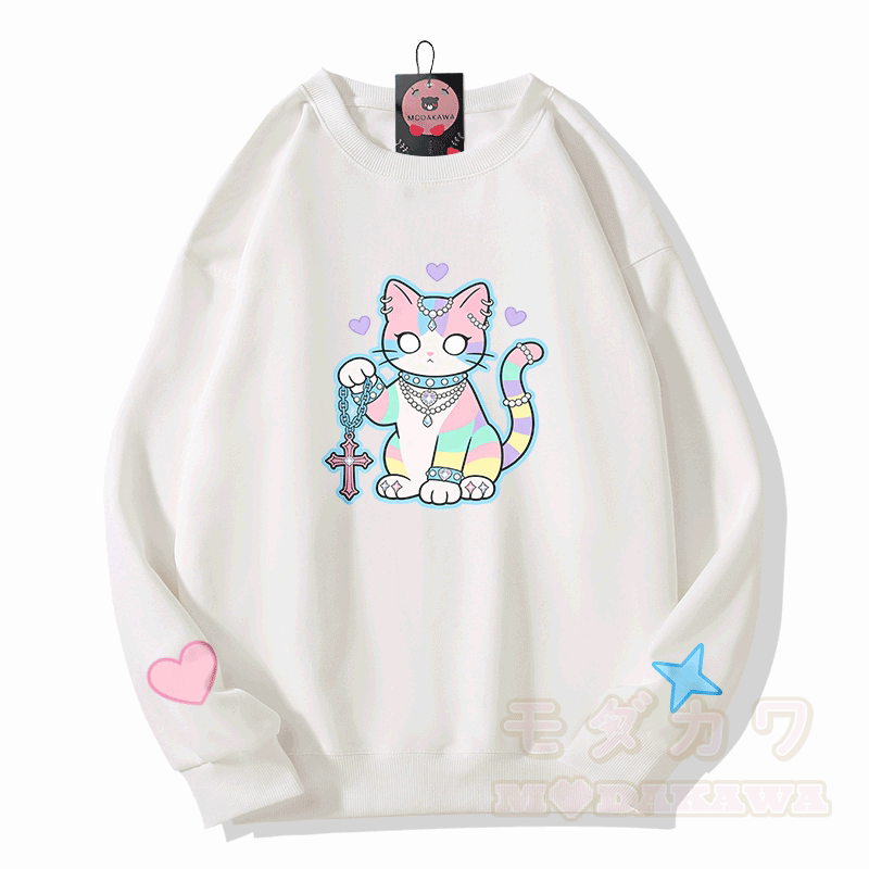 Modakawa Sweatshirt mit Astrologie-Katzenmotiv - Weiß - 5XL - image 3