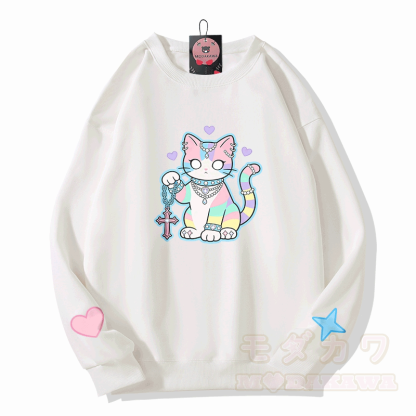 Modakawa Sweatshirt mit Astrologie-Katzenmotiv - Weiß - 5XL - image 3