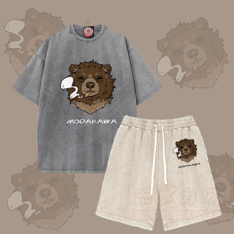 MODAKAWA Smoking Bear Grafik Vintage Washed T-Shirt Shorts Zweiteiliges Set - Grau & Aprikose - 3XL - image 11