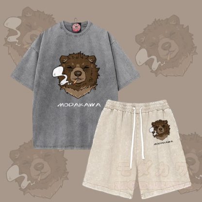 MODAKAWA Smoking Bear Grafik Vintage Washed T-Shirt Shorts Zweiteiliges Set - Grau & Aprikose - 3XL - image 11