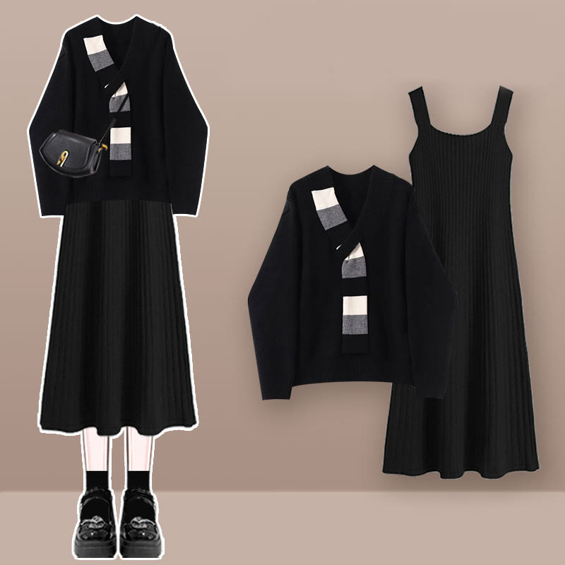 Zweiteiliges Set aus Strickpullover und Unterkleid in Farben - Schwarzes Set A - XL - image 3