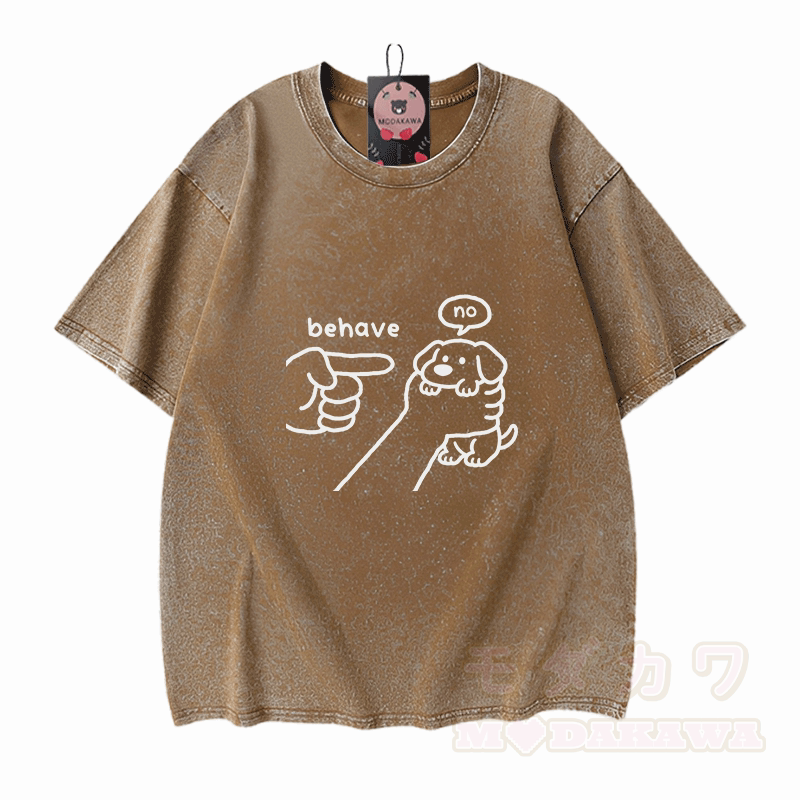 BEHAVE NO Puppy Graphic Modakawa Vintage Washed 100% Cotton T-Shirt - Braun - 5XL - image 7