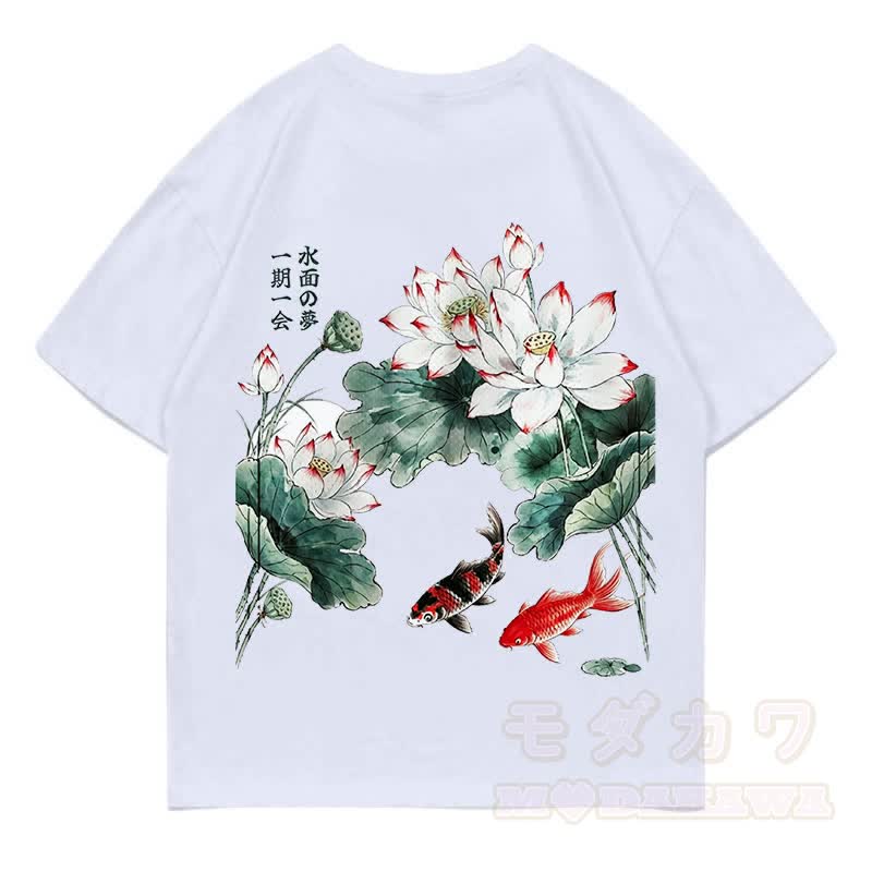 MODAKAWA Sommer-T-Shirt mit Blumen- und Fischmuster, locker geschnitten, Kurzarm - Weiß - 5XL - image 5