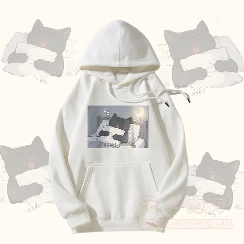 MODAKAWA Fleecegefütterter Hoodie mit Grafikprint „Schlafende schwarze Katze“ - Weiß - 5XL - image 3