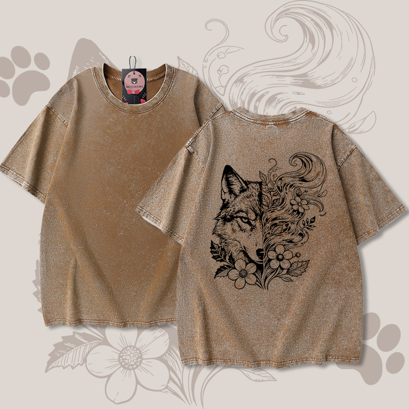 Modakawa Unisex Vintage Washed T-Shirt mit Wolfsblumenmuster - Brown - 5XL - image 2