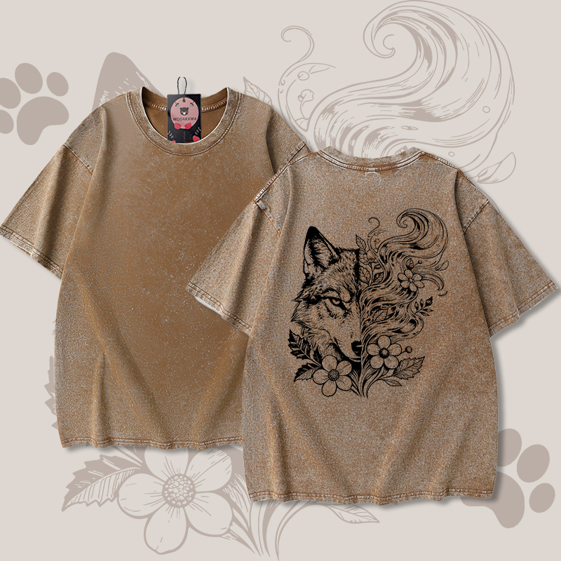 Modakawa Unisex Vintage Washed T-Shirt mit Wolfsblumenmuster - Brown - 5XL - image 2