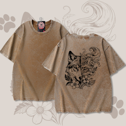 Modakawa Unisex Vintage Washed T-Shirt mit Wolfsblumenmuster - Brown - 5XL - image 2