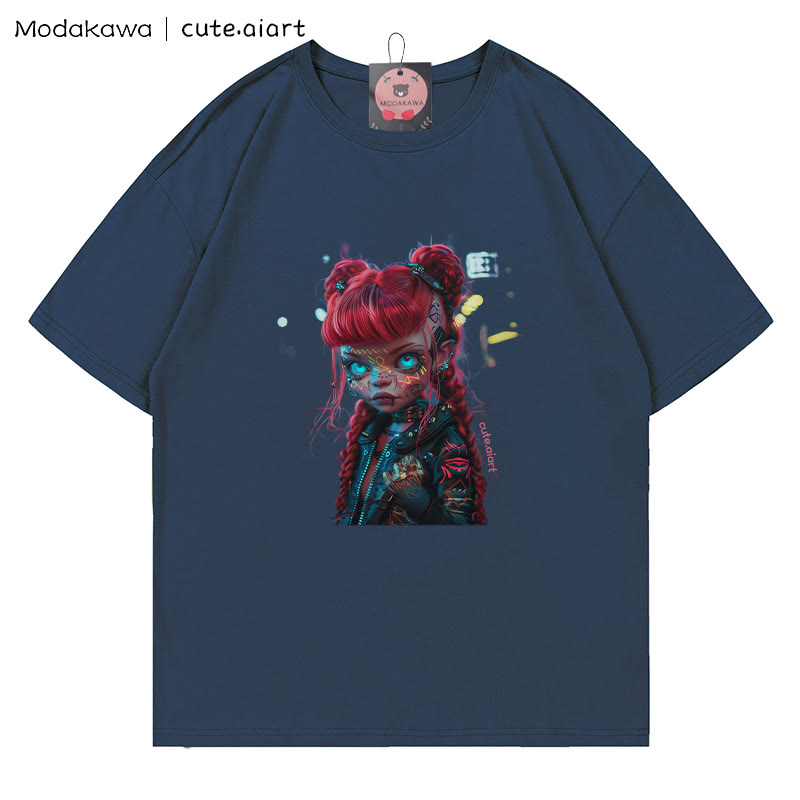 Cyberpunk-Dämonenmädchen-Grafik-T-Shirt - Purplish Blue - 5XL - image 5