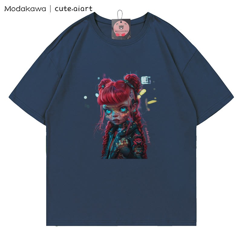 Cyberpunk-Dämonenmädchen-Grafik-T-Shirt - Purplish Blue - 5XL - image 5