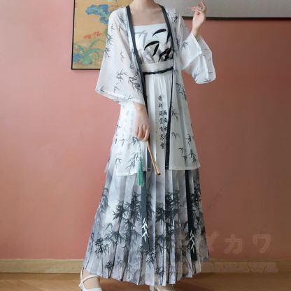 Vintage-Tintenmuster-Top, transparenter Morgenmantel, Faltenrock, passendes Outfit - Weißes Set - XL - image 6