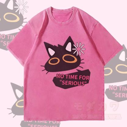 MODAKAWA NO TIME FOR SERIOUS Schwarze Katze Grafik Unisex Vintage Washed T-Shirt - Rosenrot - 4XL - image 3