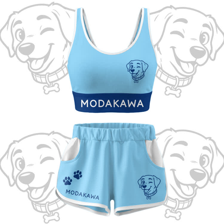 Happy Puppy Grafik-Crop-Tanktop, Sport-Top, Shorts, Bikini, Modakawa passendes Outfit - Blue Set - 5XL - image 15