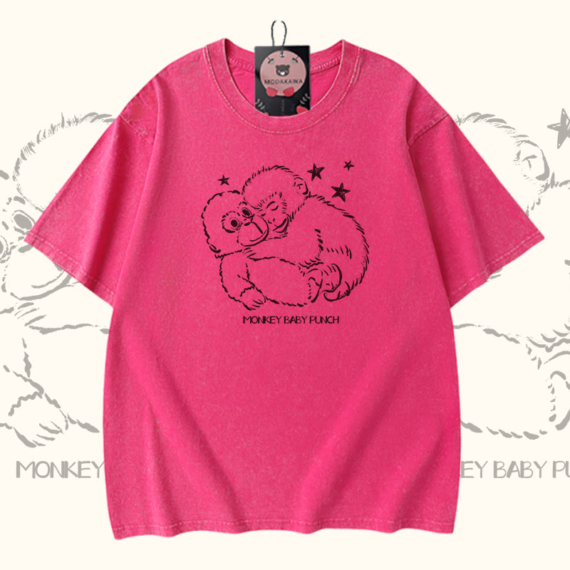 MONKEY BABY PUNCH Modakawa Vintage Washed 100% Cotton T-Shirt - Rose Red - 5XL - image 4