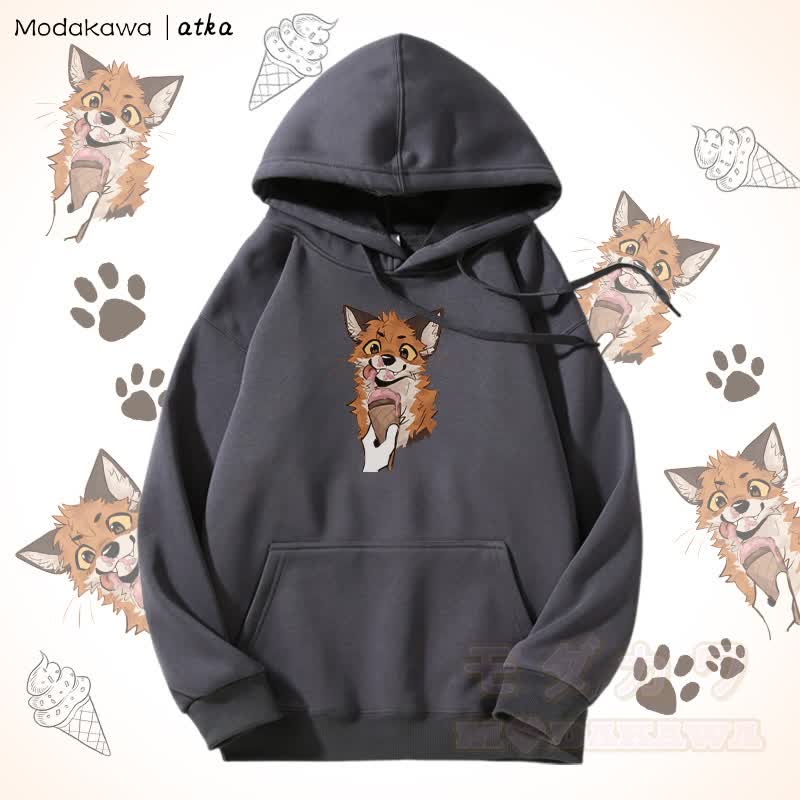 Kapuzenpullover mit Fleecefutter und Fuchs-Eiscreme-Grafik - Dunkelgrau - 5XL - image 8