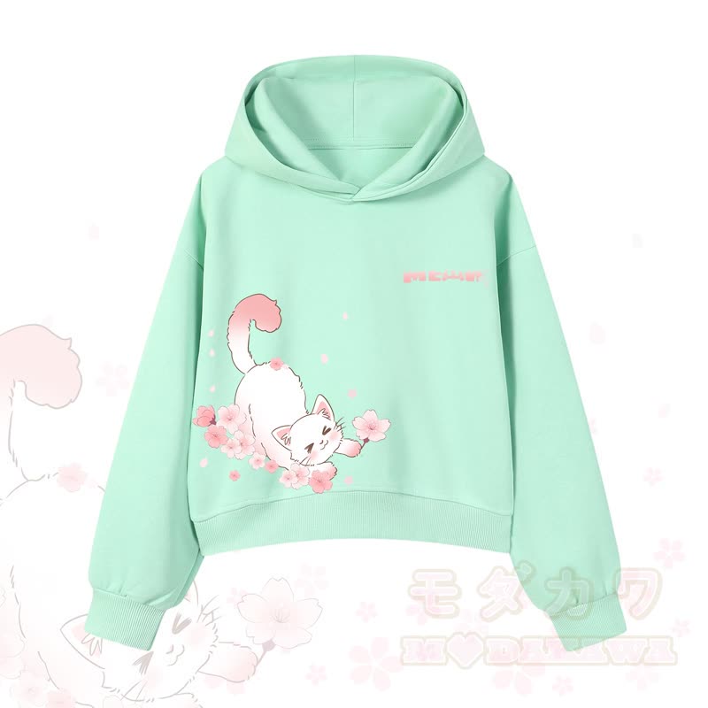 MODAKAWA X atka MEOW Katzen-Grafik-Hoodie aus Baumwolle (kurzer Schnitt) - Grün - 3XL - image 10
