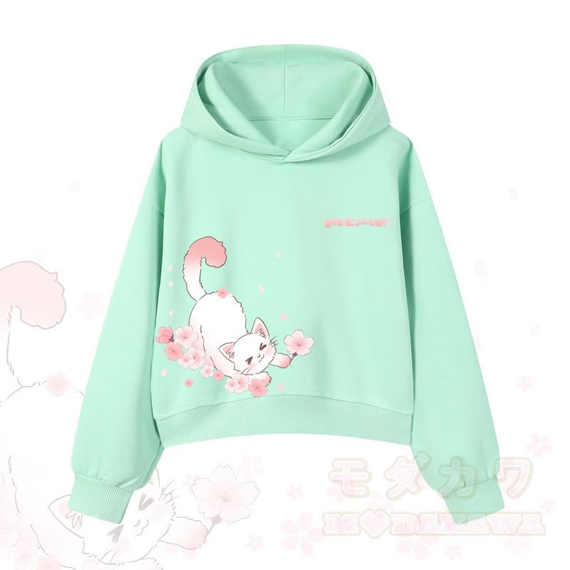 MODAKAWA X atka MEOW Katzen-Grafik-Hoodie aus Baumwolle (kurzer Schnitt) - Grün - 3XL - image 10