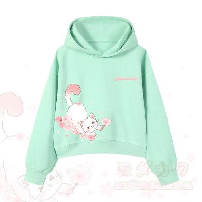 MODAKAWA X atka MEOW Katzen-Grafik-Hoodie aus Baumwolle (kurzer Schnitt) - Grün - 3XL - image 10