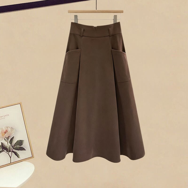 Strickjacke mit Schnürung, Taschenrock, passendes Outfit - Brown Skirt - 3XL - image 4