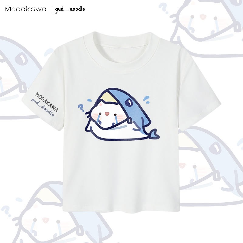 MODAKAWA X gud_doodle Hai-Katzen-Grafik Damen Cropped T-Shirt 92% gekämmte Baumwolle - White - XL - image 4