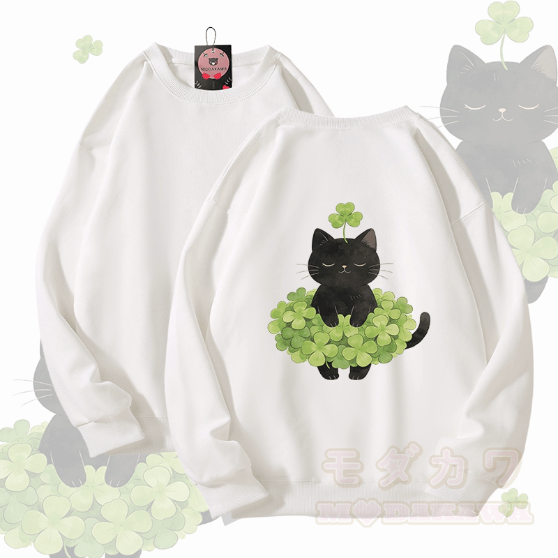 Modakawa Unisex-Sweatshirt mit vierblättrigem Kleeblatt und schwarzer Katze (Grafik) - Weiß - 5XL - image 4