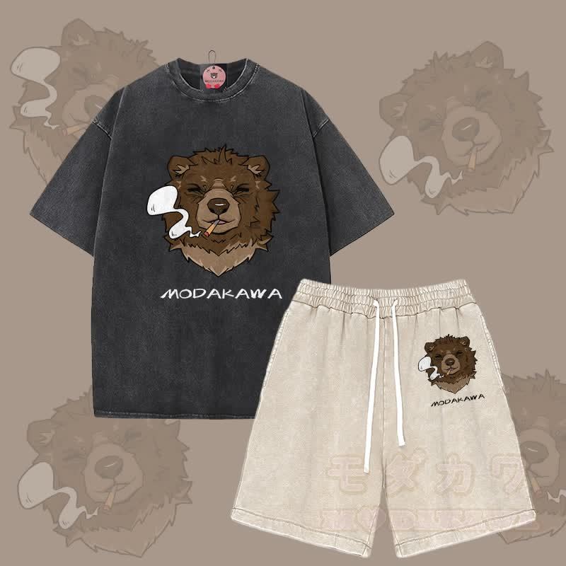 MODAKAWA Smoking Bear Grafik Vintage Washed T-Shirt Shorts Zweiteiliges Set - Schwarz & Aprikose - 3XL - image 5