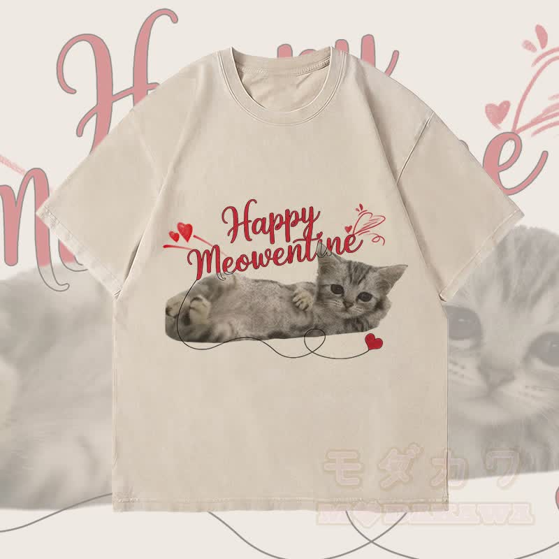 MODAKAWA HAPPY MEOWENTINE Süßes Katzenmotiv Unisex Vintage Washed T-Shirt - Beige - 4XL - image 3
