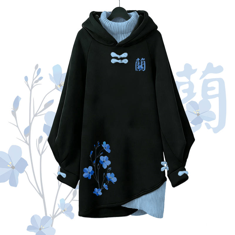 Orchideen-Buchstaben-Grafik Modakawa Schnalle Vintage Kapuzenpullover Kleid - Blue - 3XL - image 1