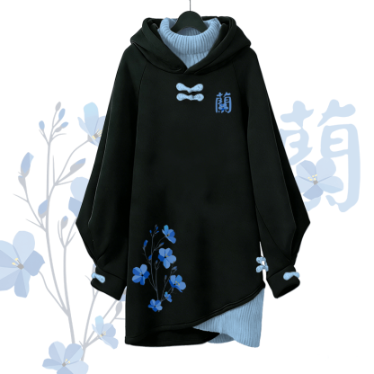 Orchideen-Buchstaben-Grafik Modakawa Schnalle Vintage Kapuzenpullover Kleid - Blue - 3XL - image 1