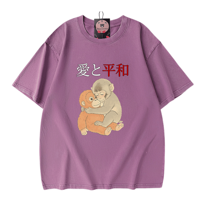Peace Love Hugging PUNCH Monkey Graphic Modakawa Vintage Washed 100% Cotton T-Shirt - Purple - 5XL - image 6