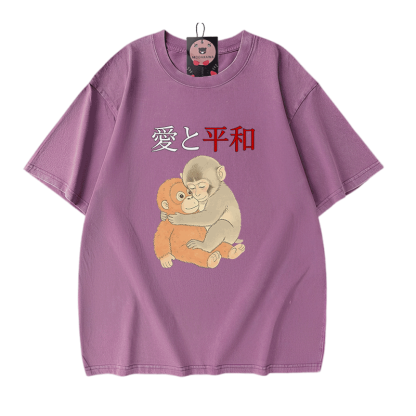 Peace Love Hugging PUNCH Monkey Graphic Modakawa Vintage Washed 100% Cotton T-Shirt - Purple - 5XL - image 6