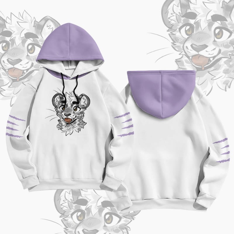 MODAKAWA X atka Pullover-Hoodie mit frechem Tigergesicht-Grafikprint - White&Purple - 6XL - image 3