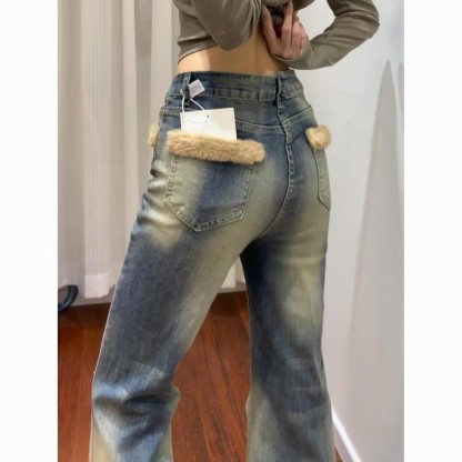 Vintage Jeans mit ausgestelltem Rock und Kunstpelzbesatz - image 8