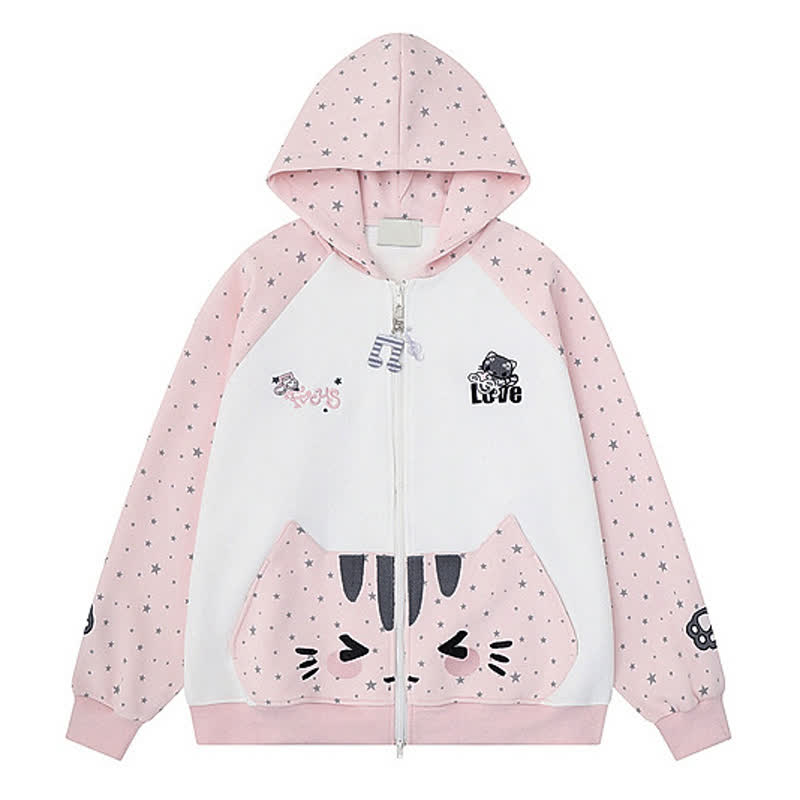 Hochwertiger, strapazierfähiger Kapuzenpullover mit Sternenprint, Katzenstickerei und Reißverschluss - Rosa - XL - image 4