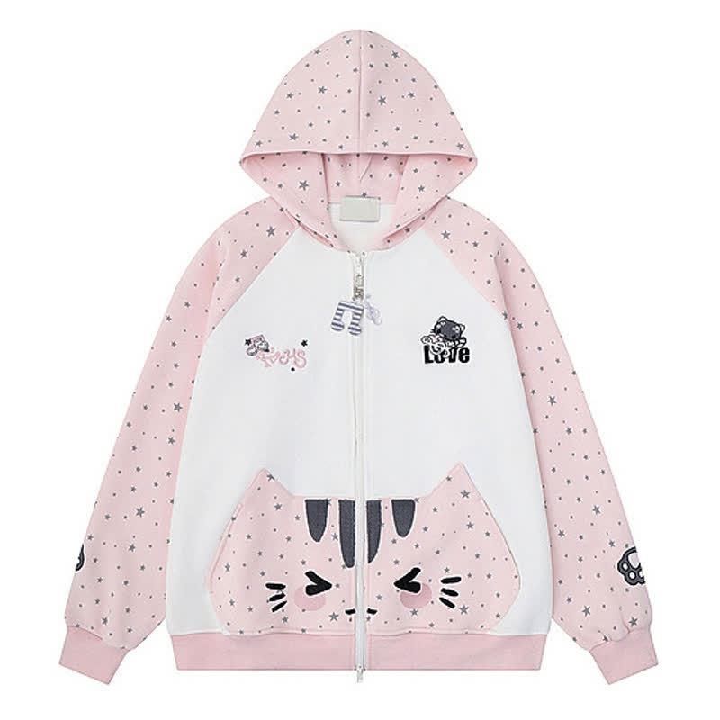 Hochwertiger, strapazierfähiger Kapuzenpullover mit Sternenprint, Katzenstickerei und Reißverschluss - Rosa - XL - image 4