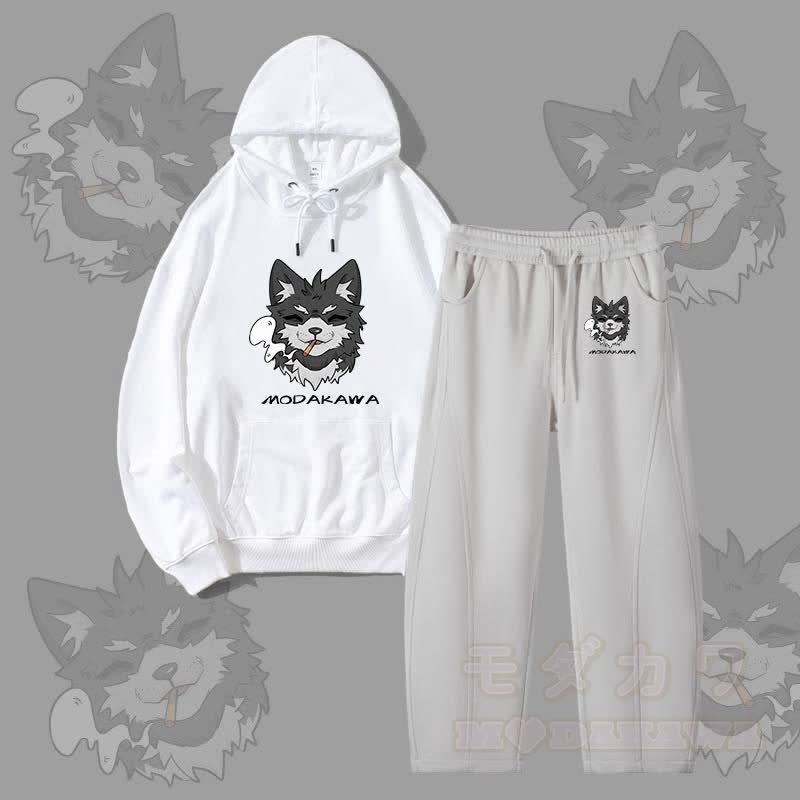MODAKAWA Koda Smoking Puppy Grafik-Hoodie für Herren, Kordelzughose, zweiteiliges Set - Weiß & Grau - 4XL - image 5